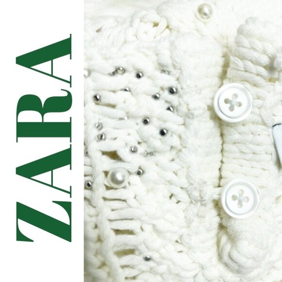 NWT ZARA WHITE ECRU CABLE KNIT FAUX PEARL SLEEVELESS SWEATER, LARGE - Picture 13 of 16